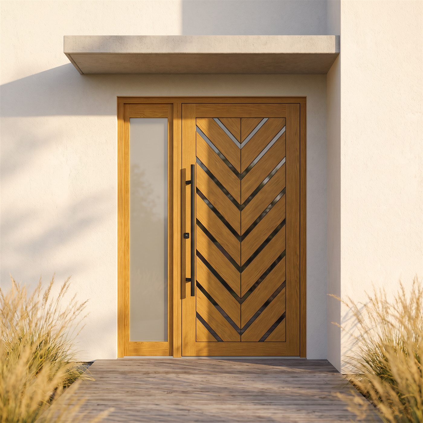 Chevron oak fiberglass entry door with sidelite on a modern home